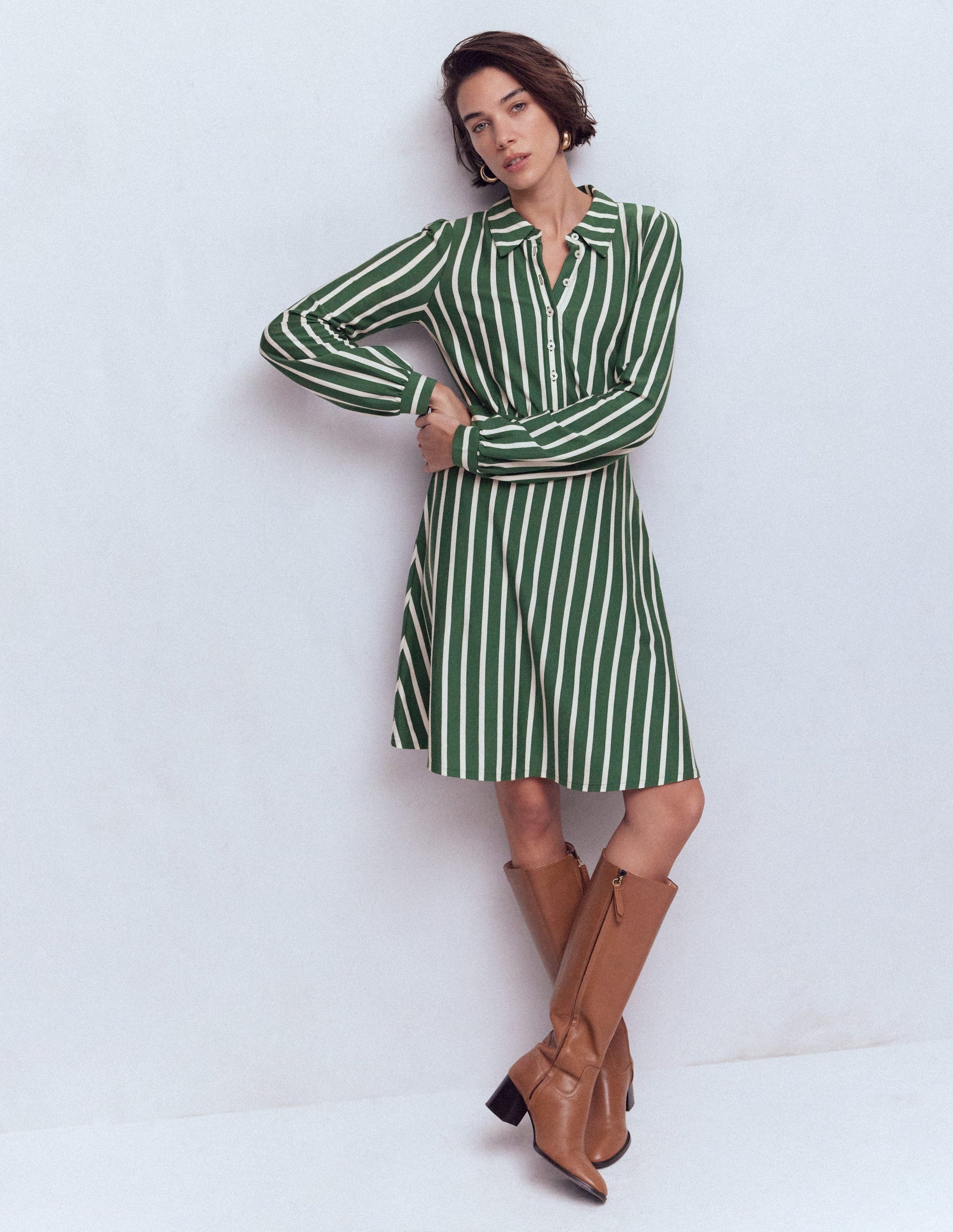 Orla Short Jersey Shirt Dress-Hunter Green and Ivory Stripe-1