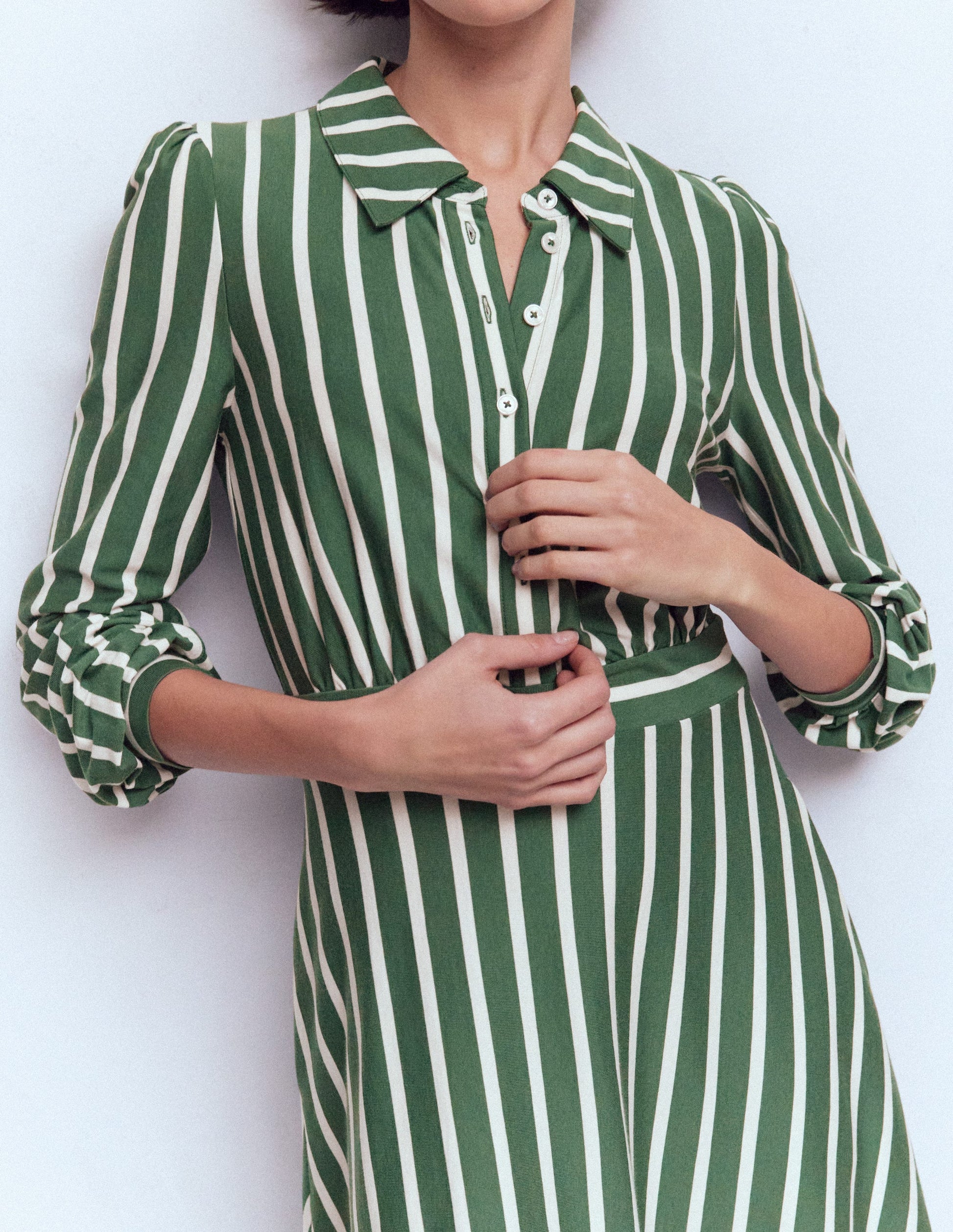 Orla Short Jersey Shirt Dress-Hunter Green, Ivory Stripe-3