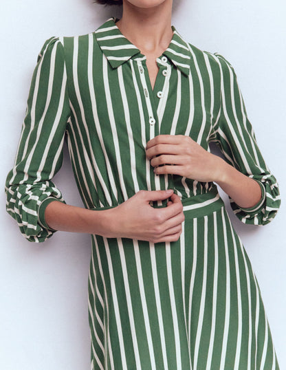 Orla Short Jersey Shirt Dress-Hunter Green, Ivory Stripe-3