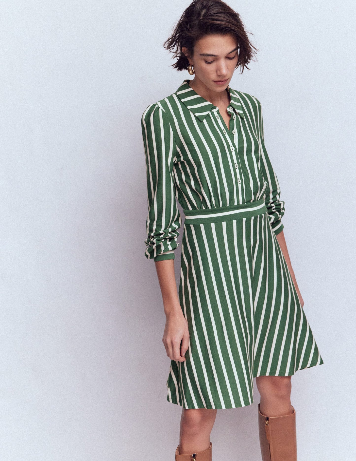 Orla Short Jersey Shirt Dress-Hunter Green, Ivory Stripe
