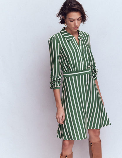 Orla Short Jersey Shirt Dress-Hunter Green, Ivory Stripe-6
