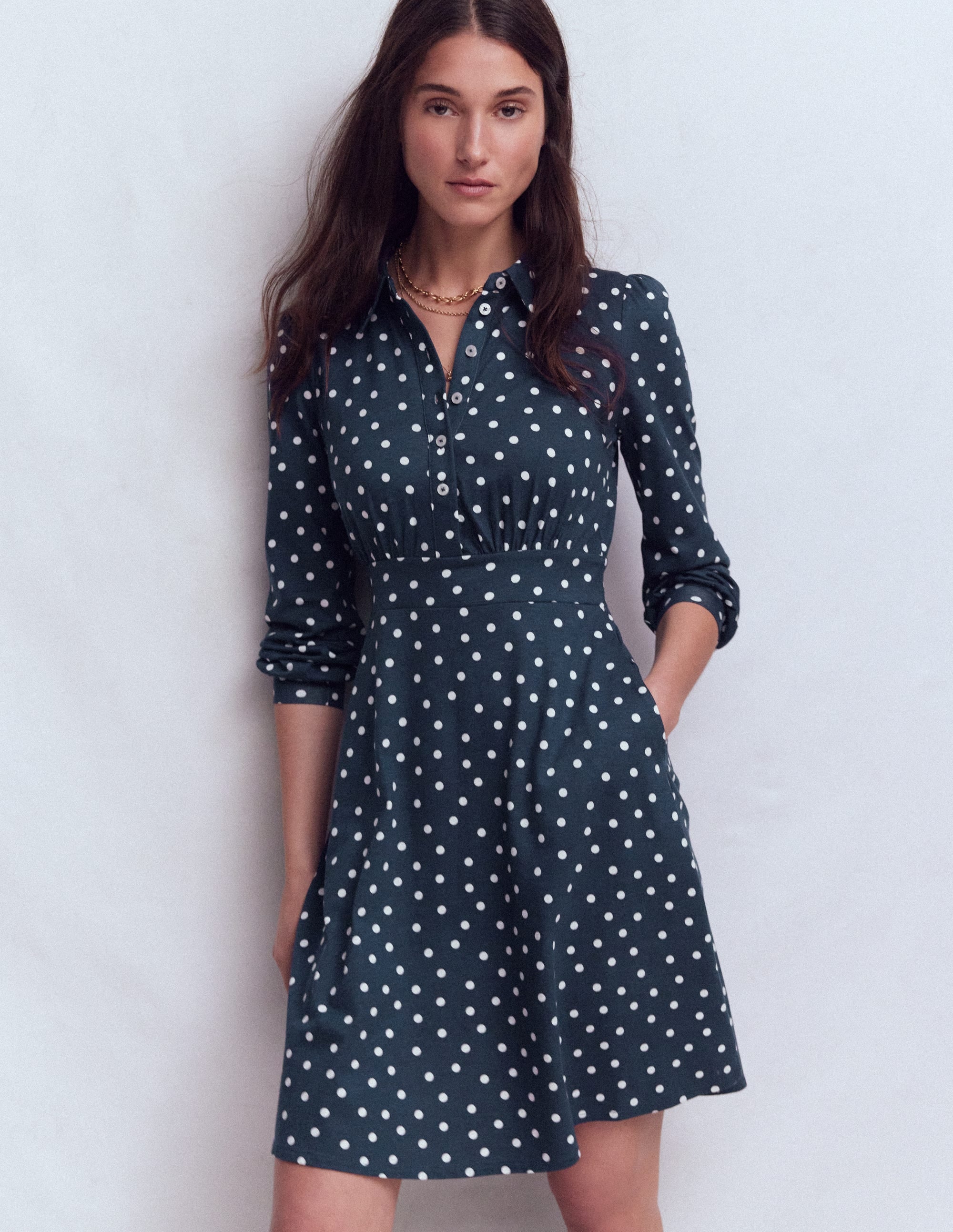 Orla Short Jersey Shirt Dress-French Navy, Painted Dot - Image 1