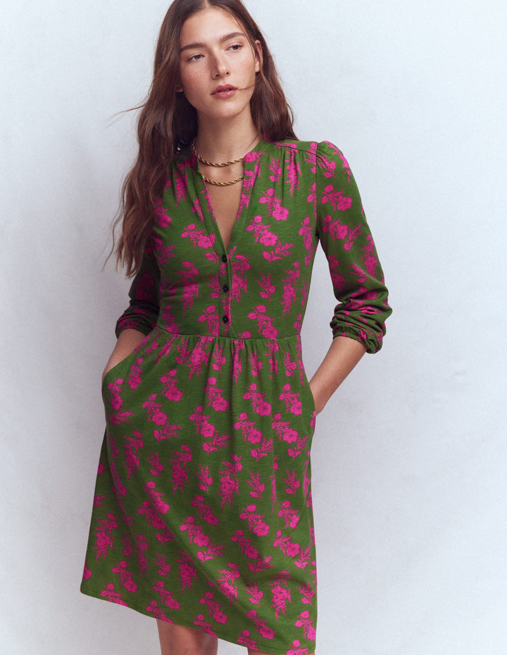 Amy Short Jersey Dress-Pink and Green Floral