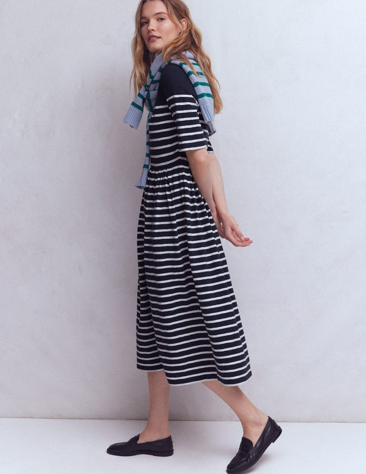 Aria Collared Jersey Dress-Navy, Ivory Stripe