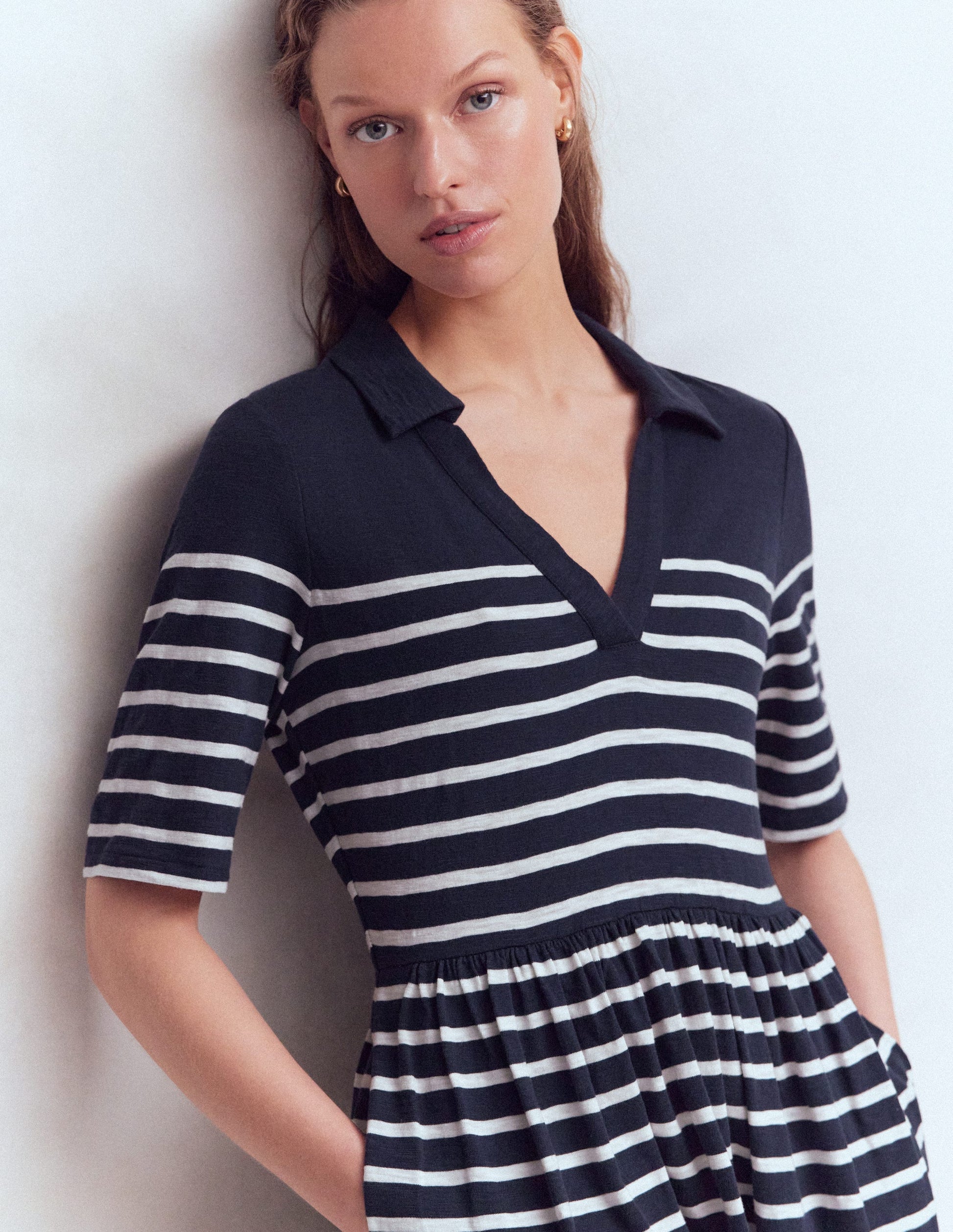 Aria Collared Jersey Dress-Navy, Ivory Stripe-2