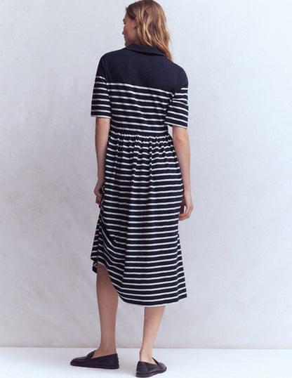 Aria Collared Jersey Dress-Navy, Ivory Stripe-3