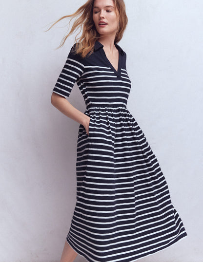 Aria Collared Jersey Dress-Navy, Ivory Stripe-4