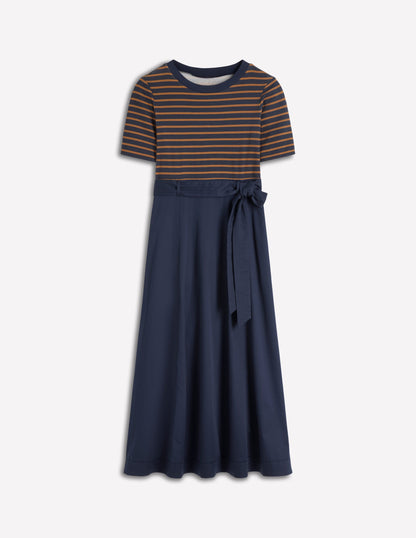 Crew Neck Mix Media Dress-Navy Stripe-5