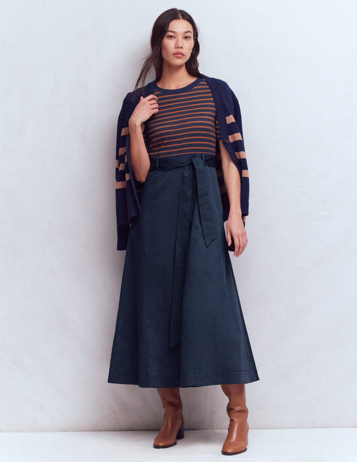 Crew Neck Mix Media Dress-Navy Stripe