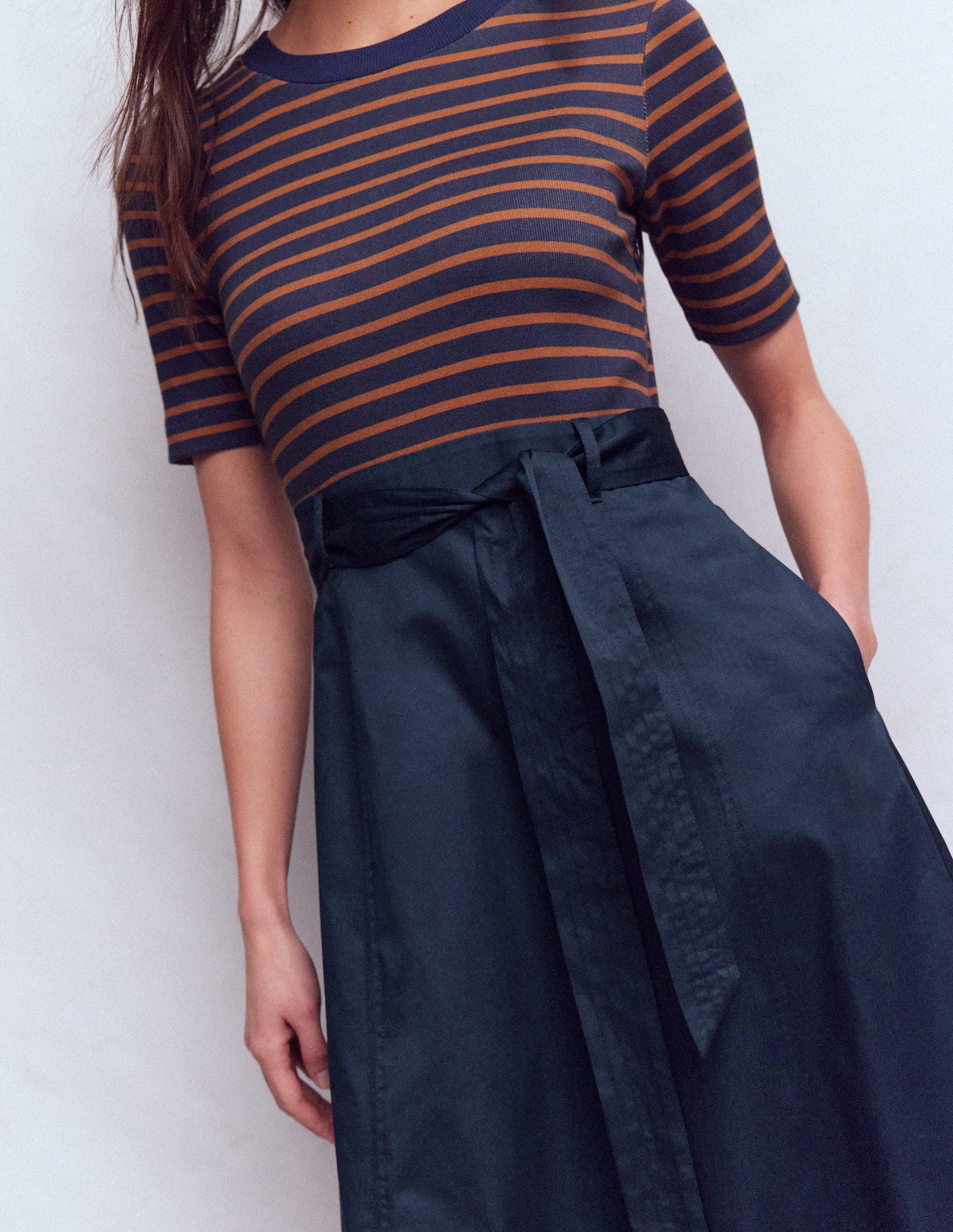 Crew Neck Mix Media Dress-Navy Stripe