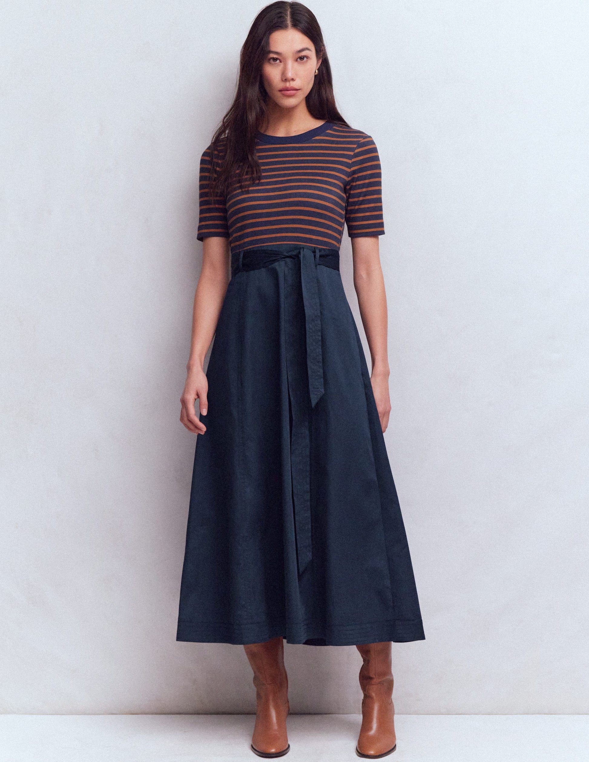 Crew Neck Mix Media Dress-Navy Stripe-4