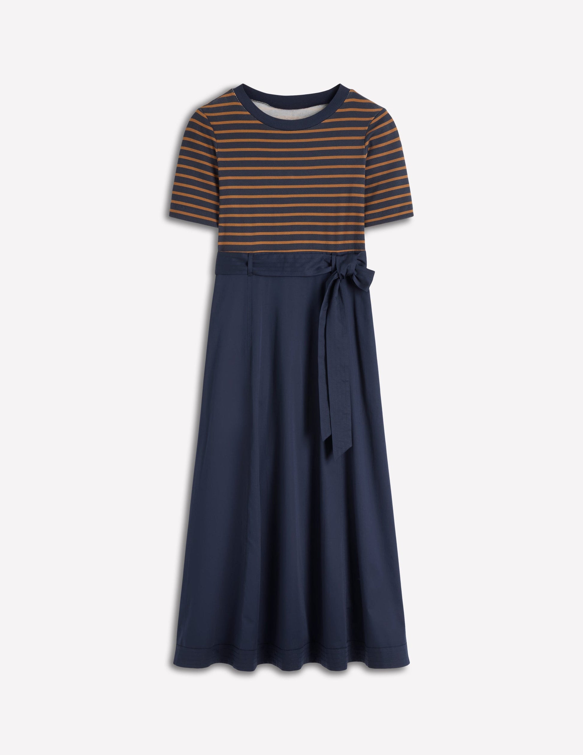 Crew Neck Mix Media Dress-Navy and Gingerbread Stripe-5