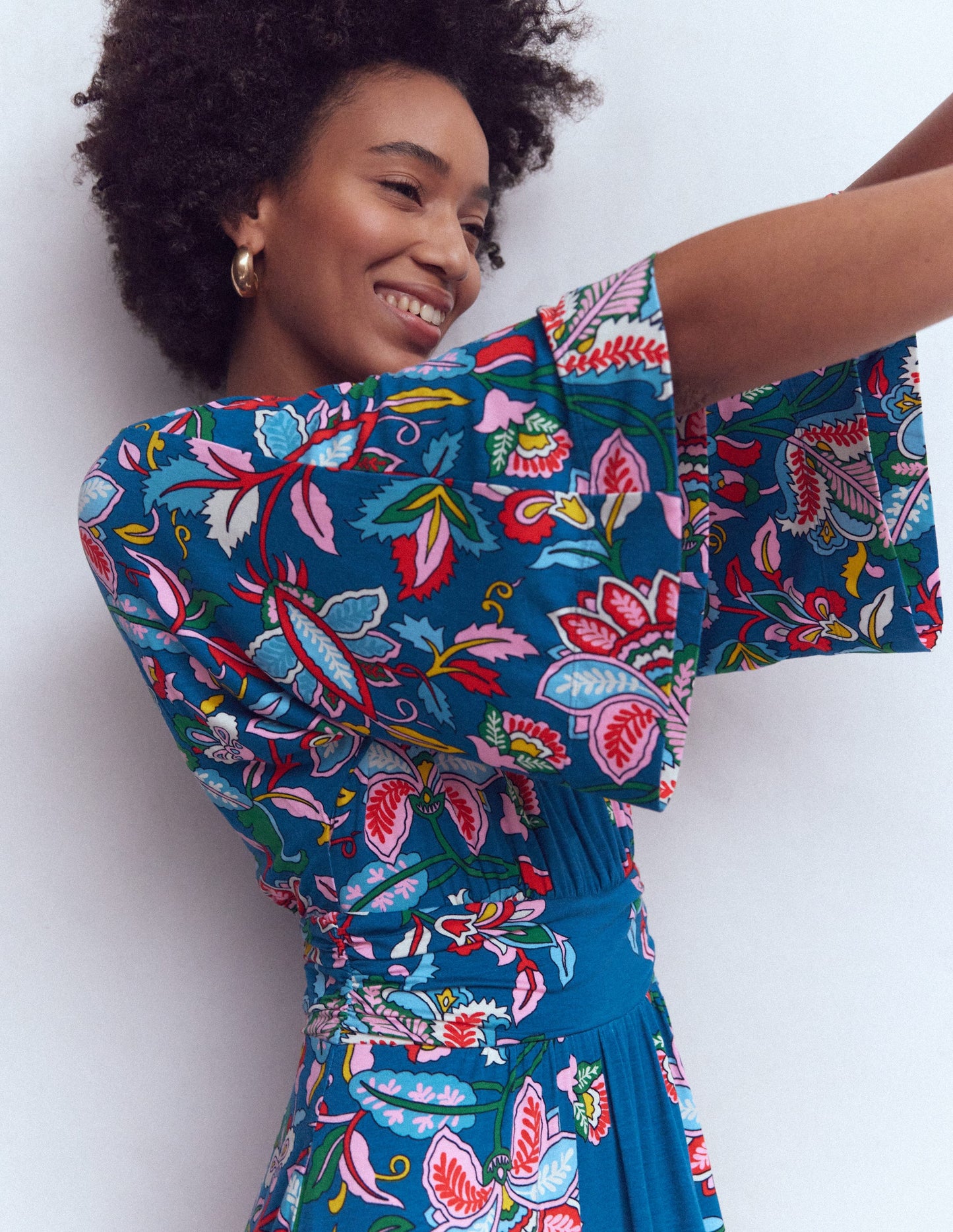 Imelda Kimono Jersey Dress-Blue, Botanical Trail