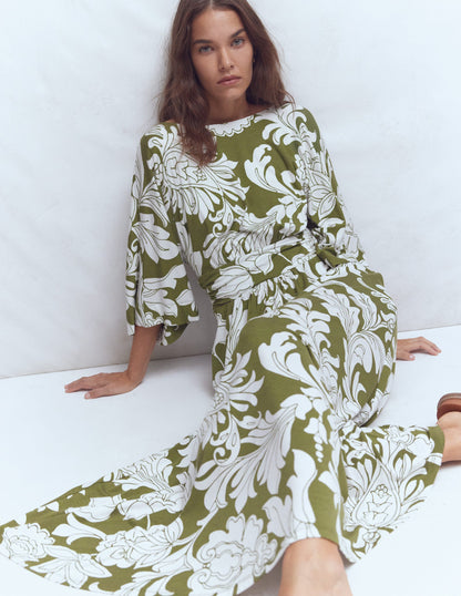 Imelda Kimono Jersey Dress-Olive, Botanical Flourish Mono-2