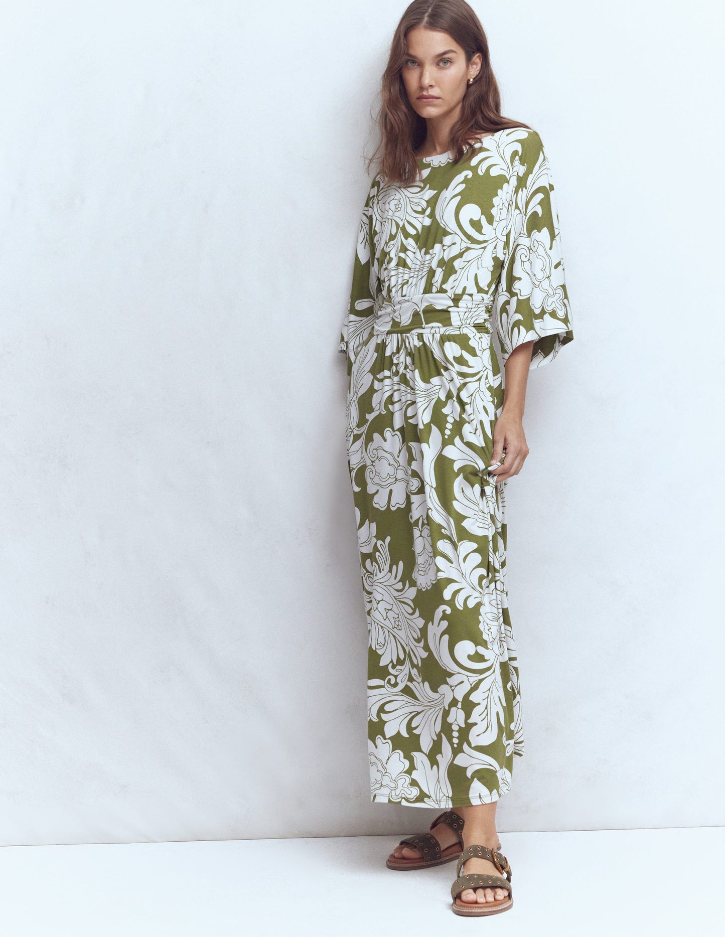 Imelda Kimono Jersey Dress-Olive, Botanical Flourish Mono