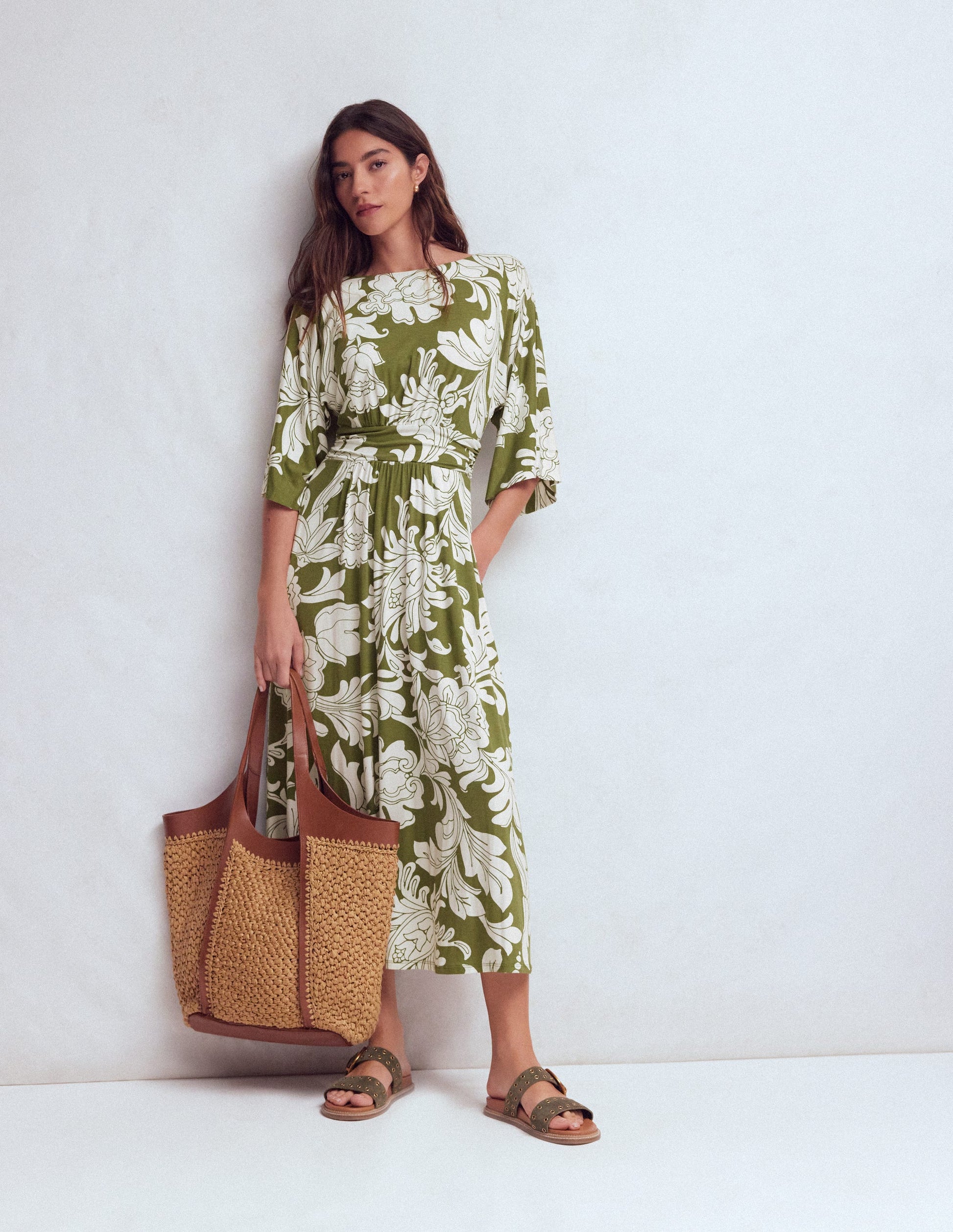 Imelda Kimono Jersey Dress-Olive, Botanical Flourish Mono | Boden Global Imelda Kimono Jersey Dress-Olive, Botanical Flourish Mono | Boden Global