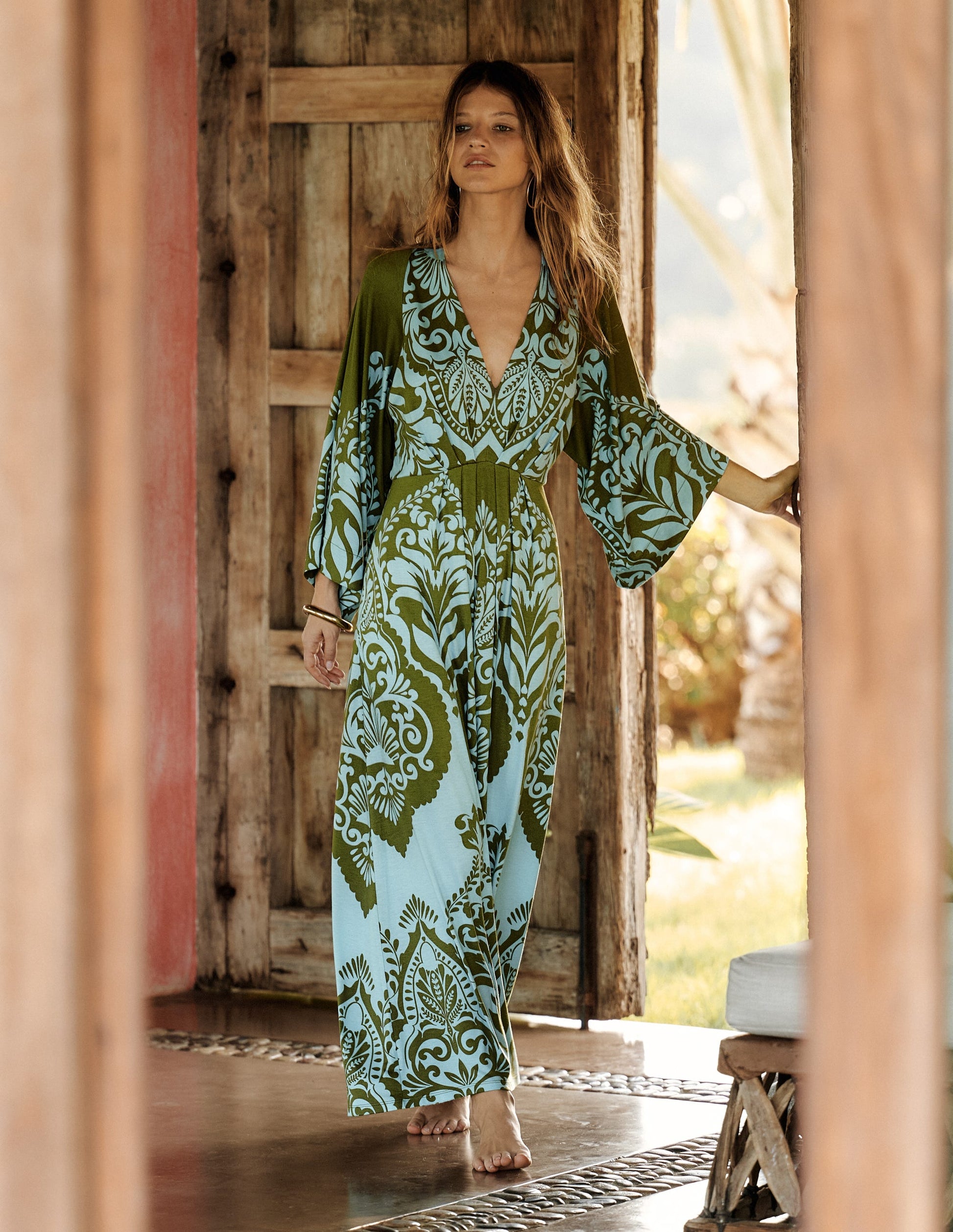 Nell Kimono Midi Jersey Dress-Olive, Ornamental Garden | Boden Global Nell Kimono Midi Jersey Dress-Olive, Ornamental Garden | Boden Global