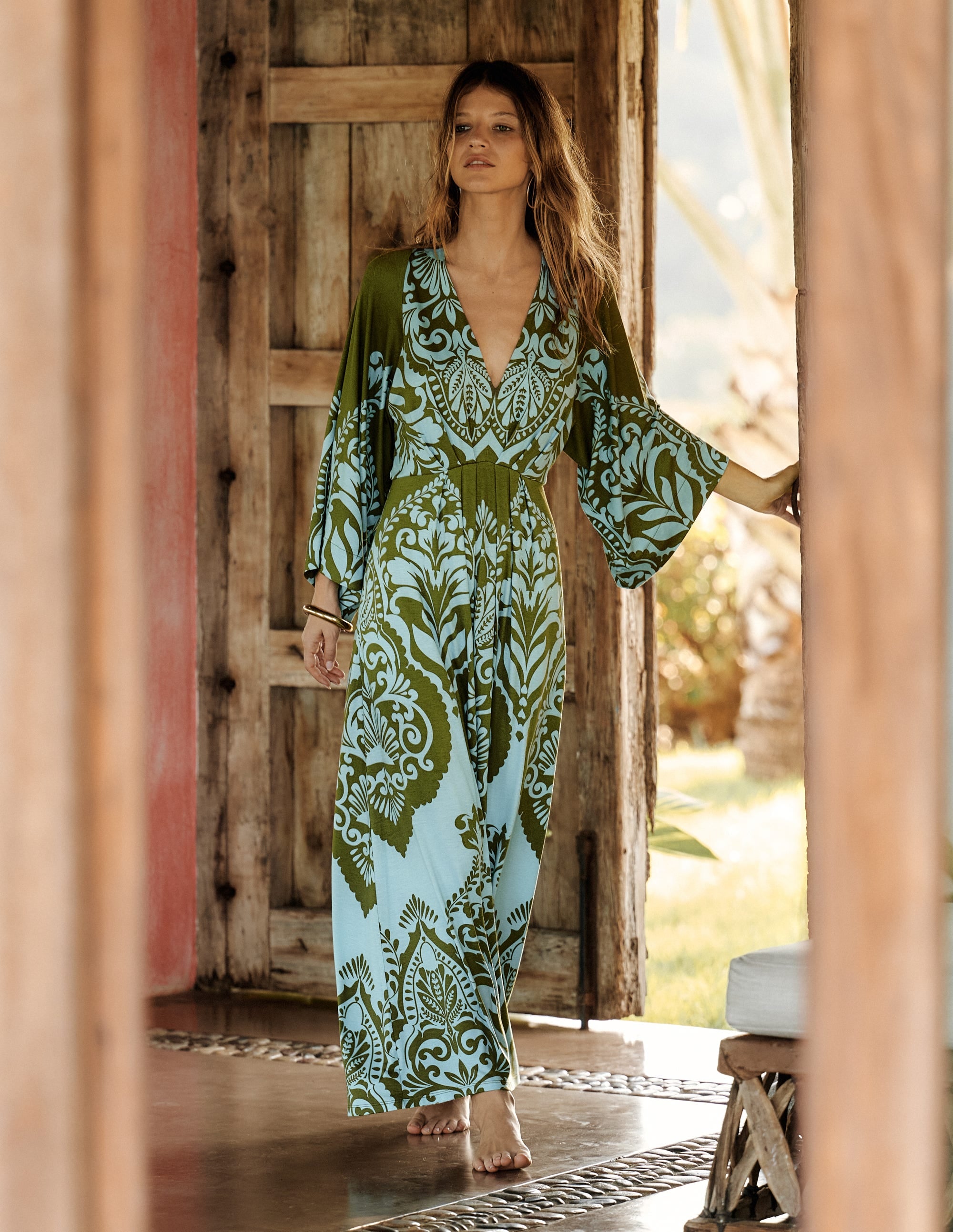 Nell Kimono Midi Jersey Dress-Olive, Ornamental Garden - Image 5