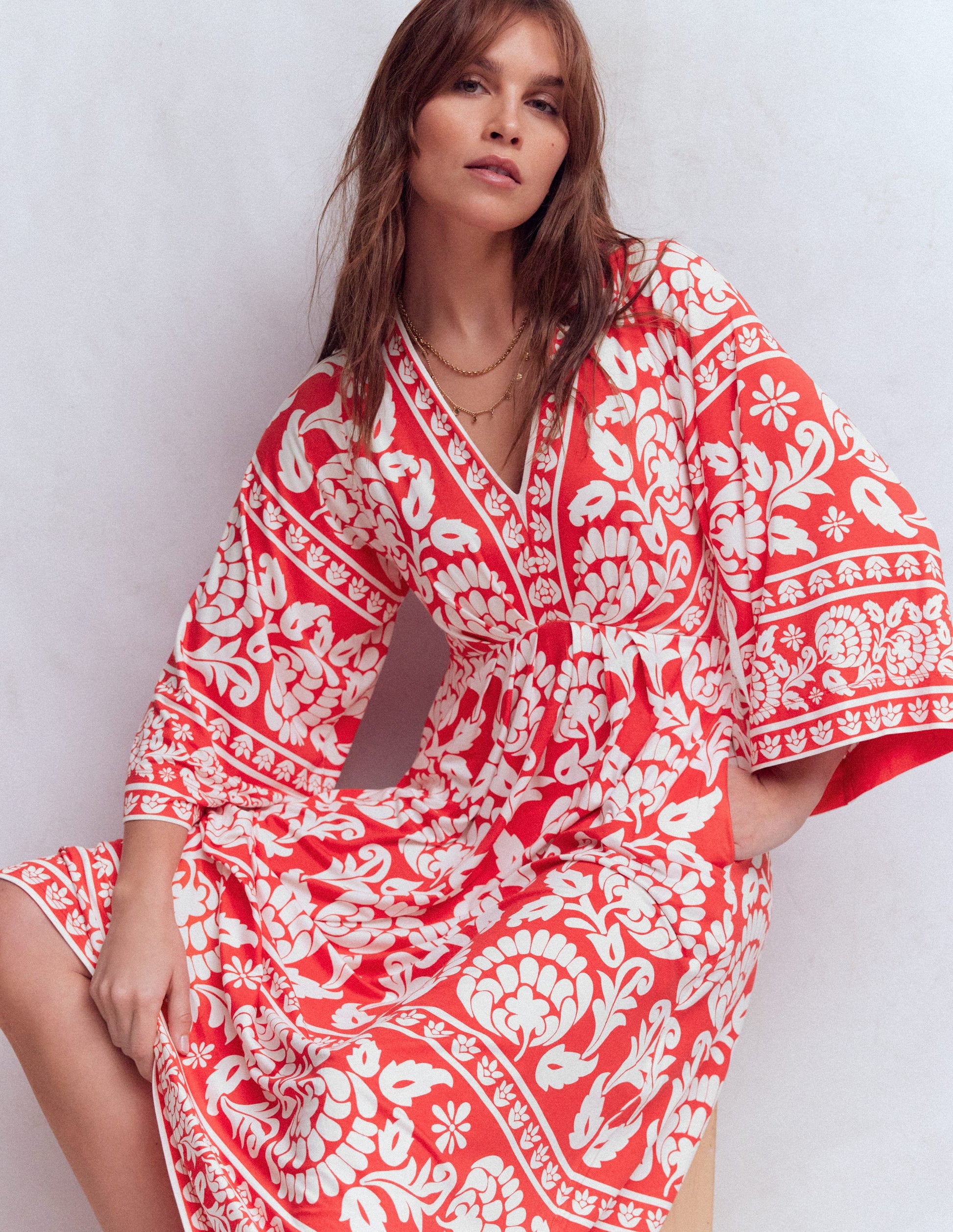 Nell Kimono Midi Jersey Dress-Bright Cherry, Ornate Floret-1