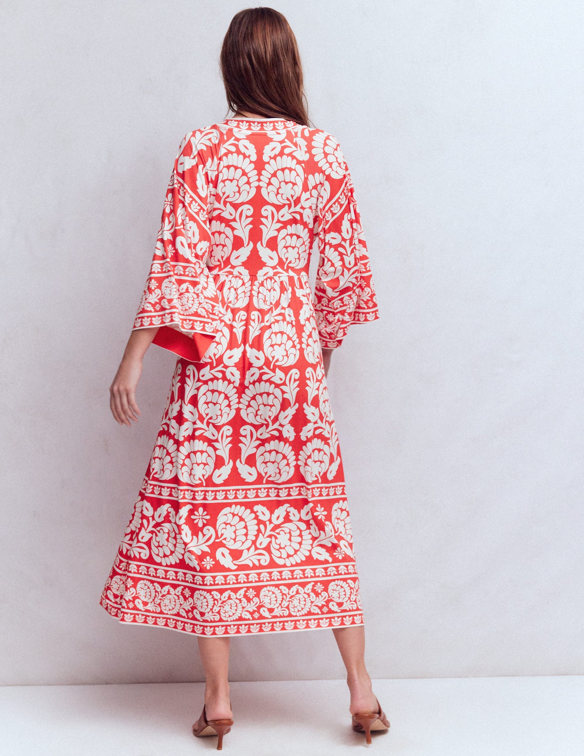Nell Kimono Midi Jersey Dress-Bright Cherry, Ornate Floret-3
