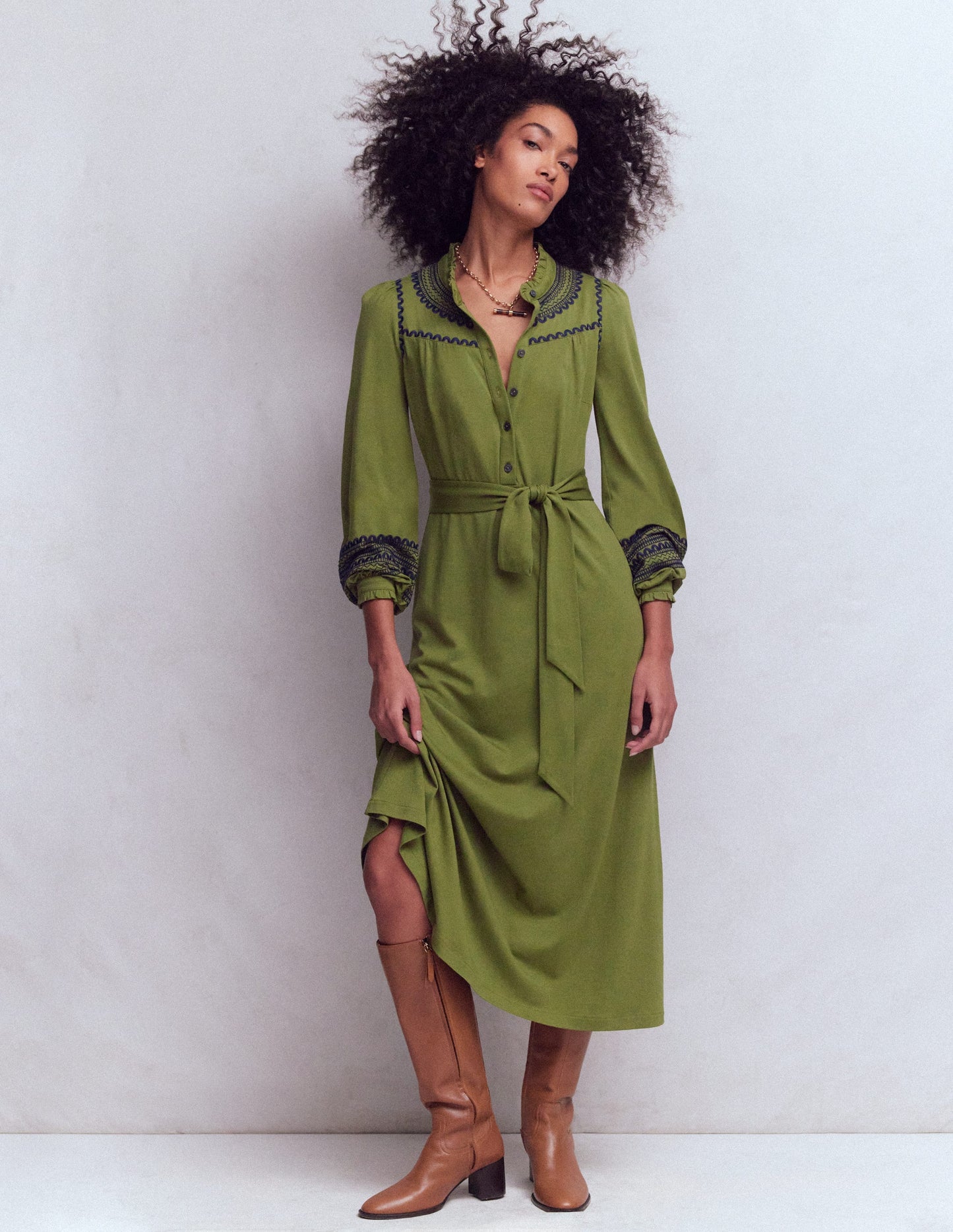 Ruffle Jersey Midi Shirt Dress-Olive
