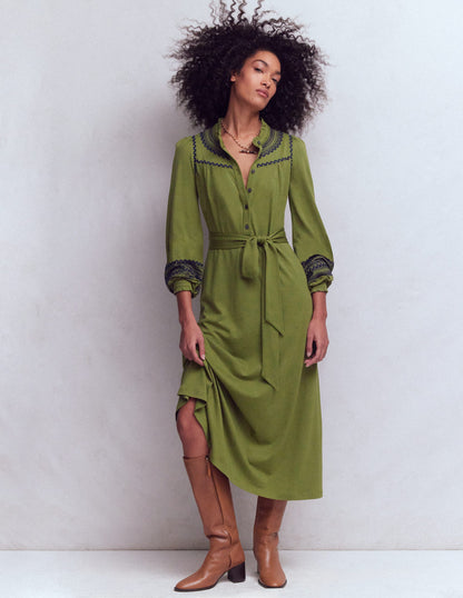 Ruffle Jersey Midi Shirt Dress-Olive-1