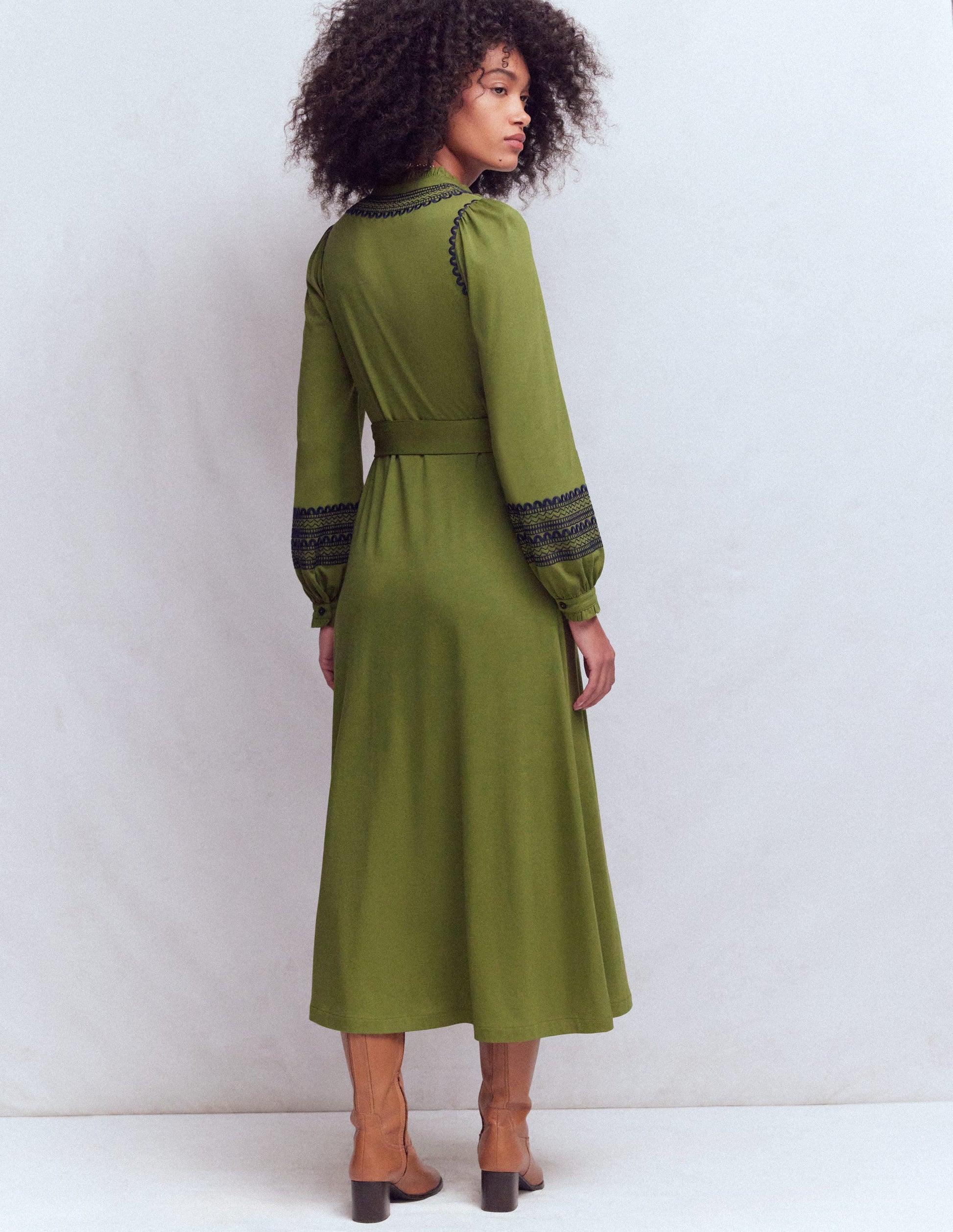 Ruffle Jersey Midi Shirt Dress-Olive-3
