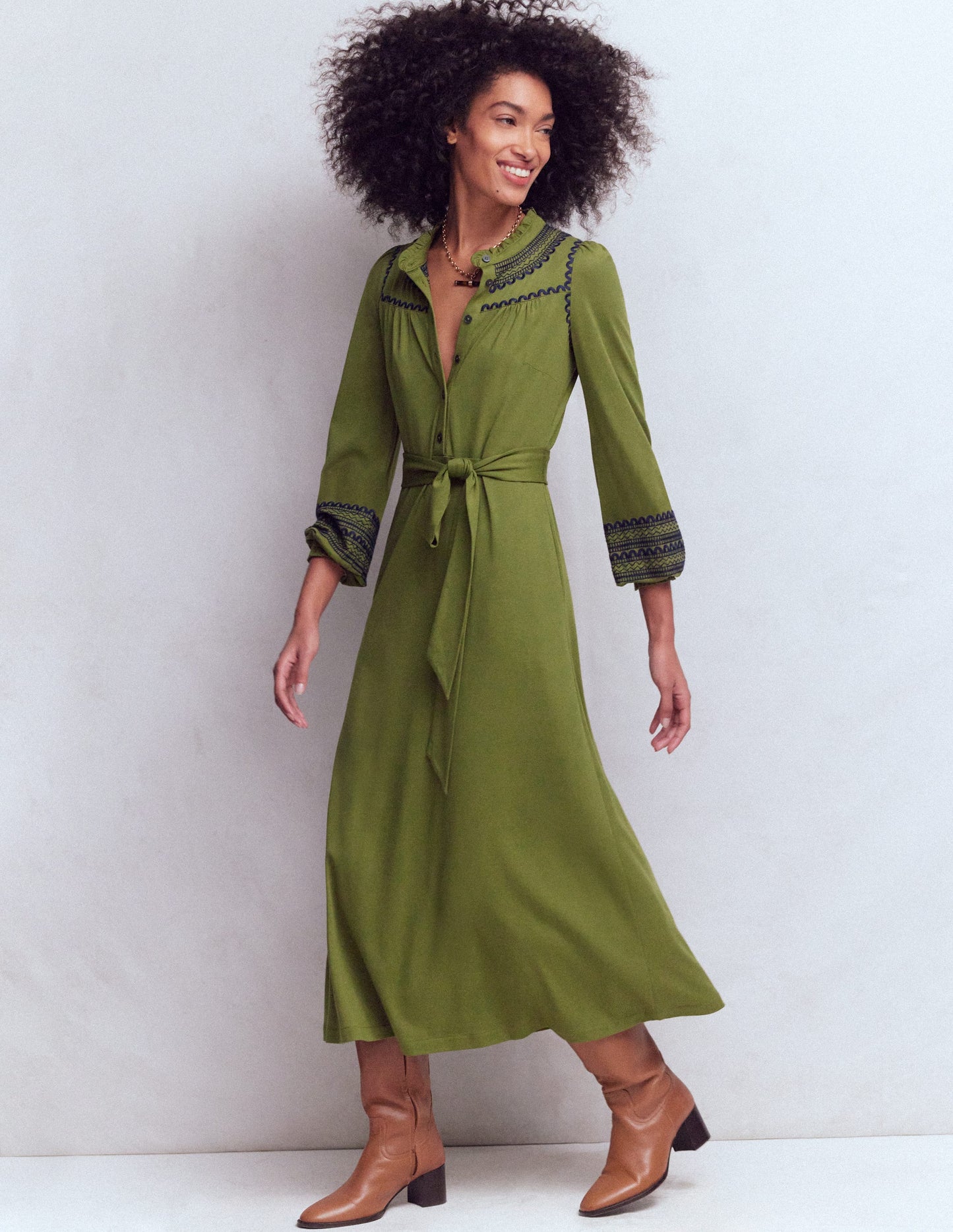 Ruffle Jersey Midi Shirt Dress-Olive