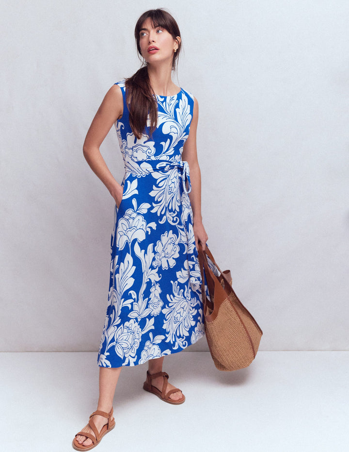 Tamsin Jersey Midi Dress-Blue, Botanical Flourish Mono