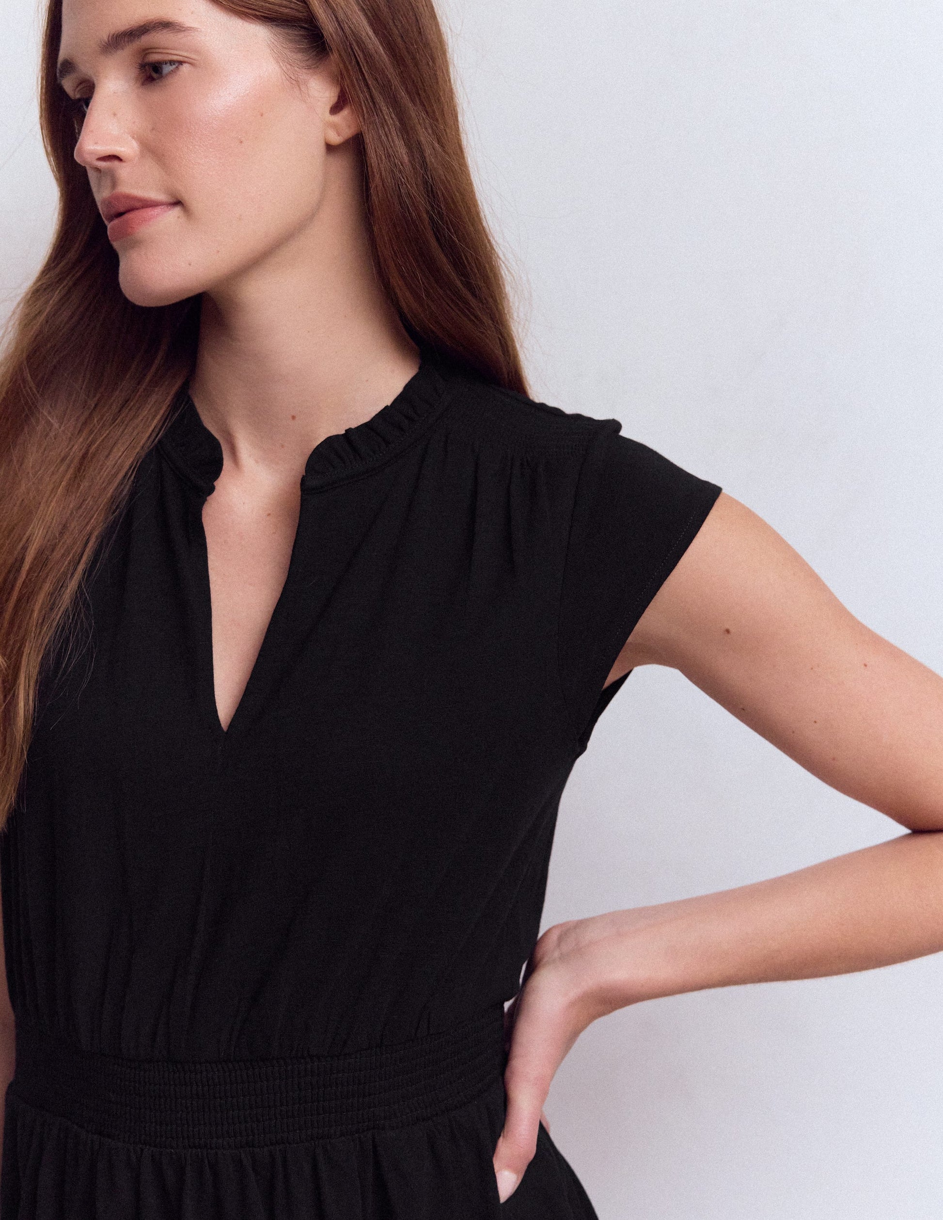 Alba Smocked Jersey Midi Dress-Black-2