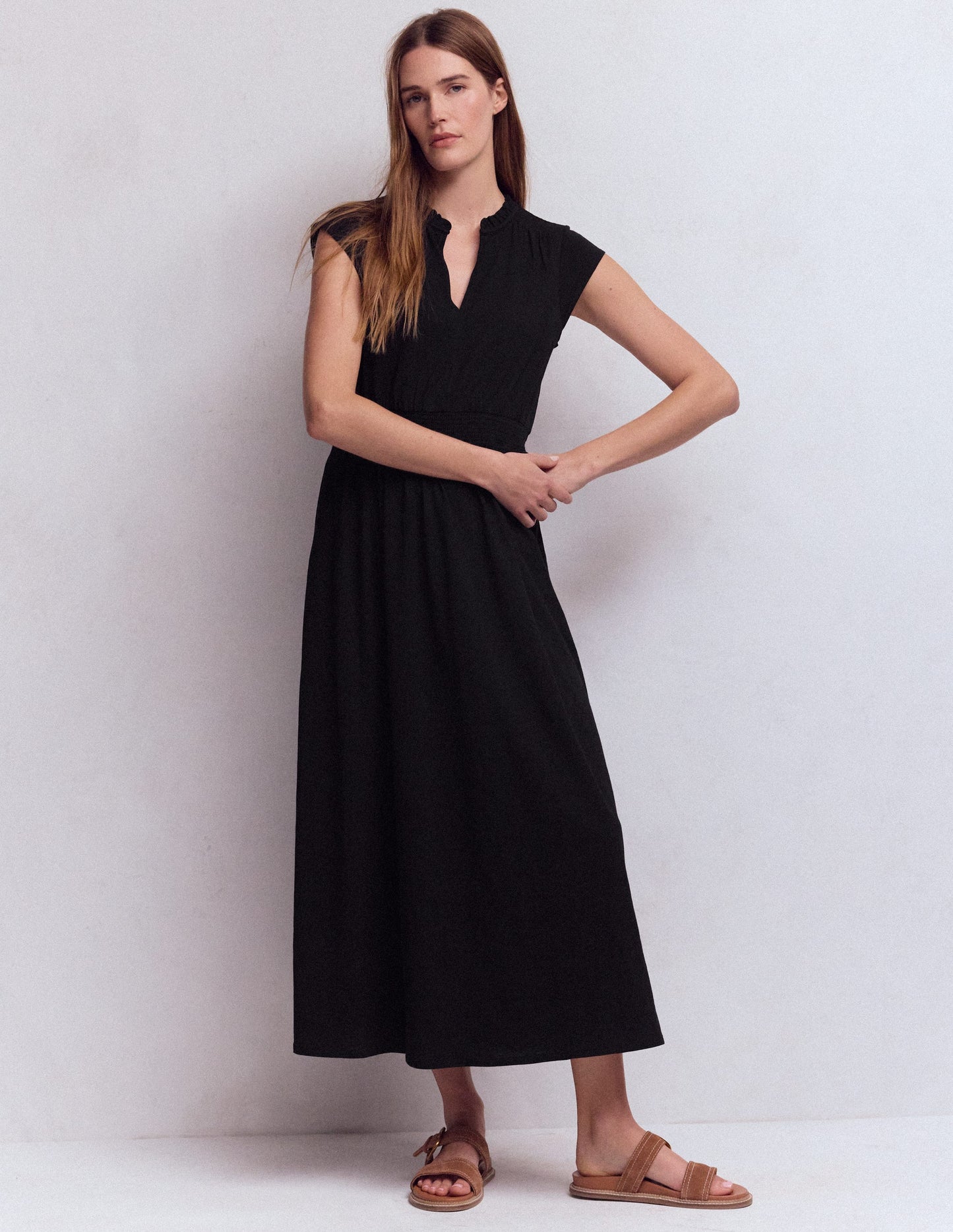 Alba Smocked Jersey Midi Dress-Black