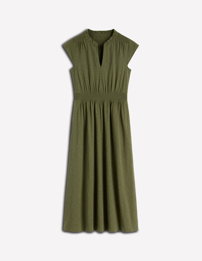 Alba Smocked Jersey Midi Dress-Olive-6
