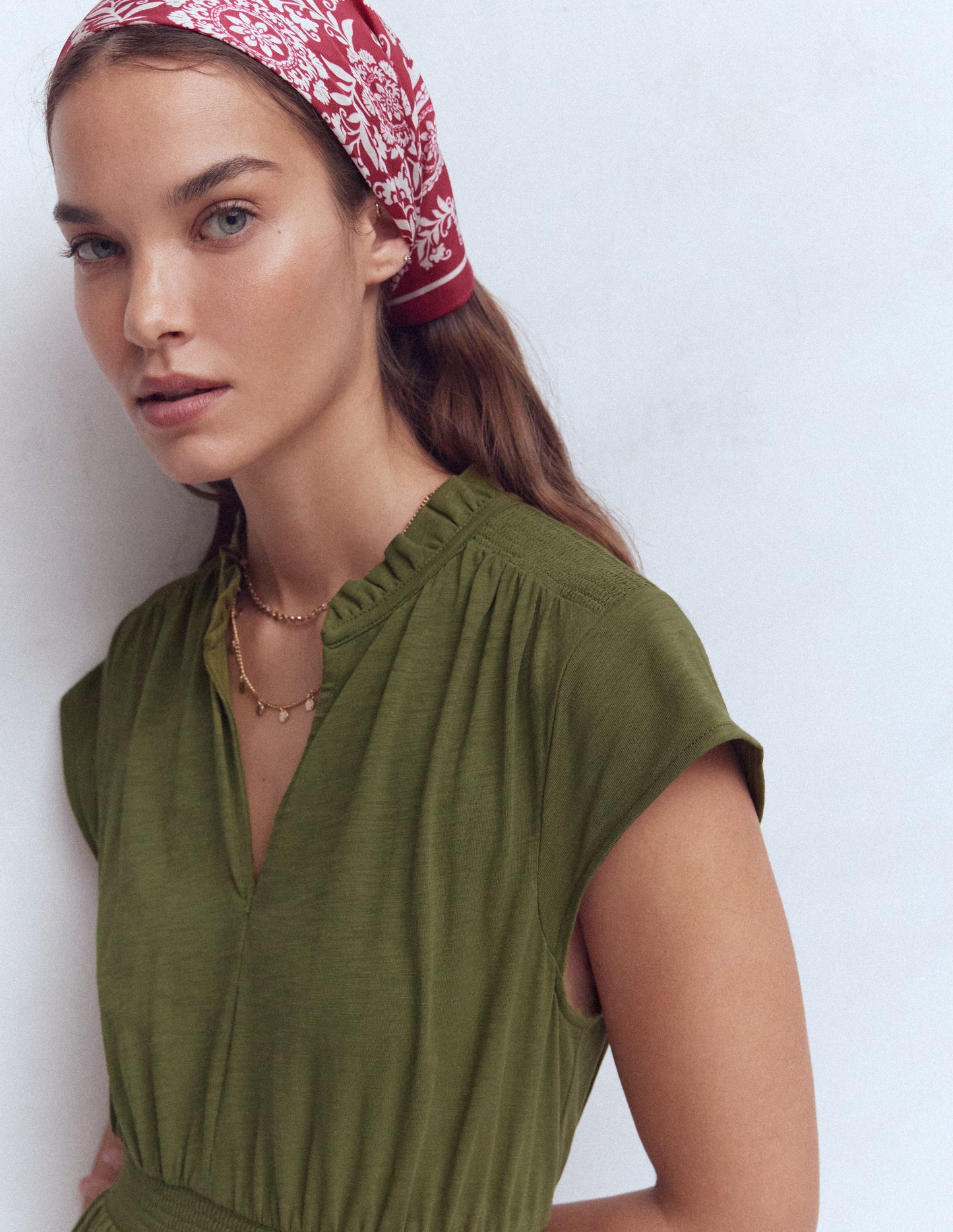 Alba Smocked Jersey Midi Dress-Olive