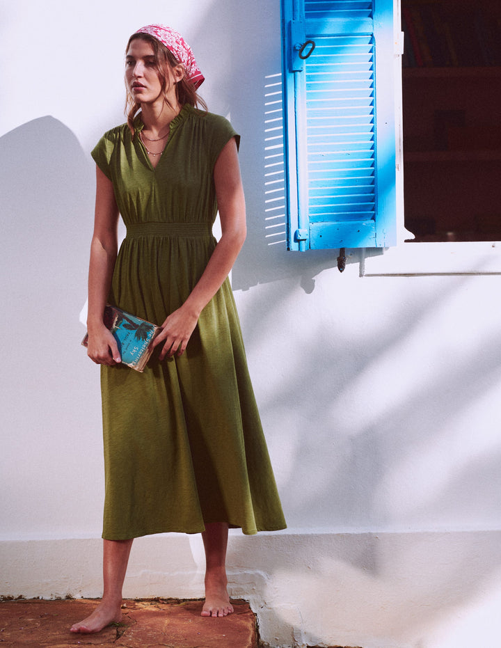 Alba Smocked Jersey Midi Dress-Olive