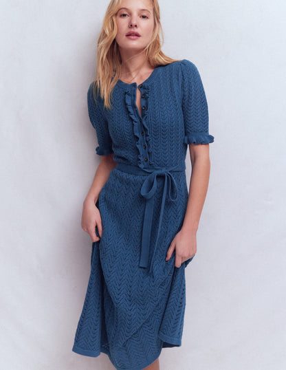 Henley Frill Knitted Dress-Denim Blue-1