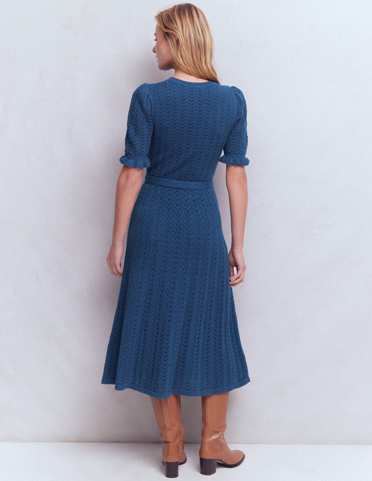 Henley Frill Knitted Dress-Denim Blue