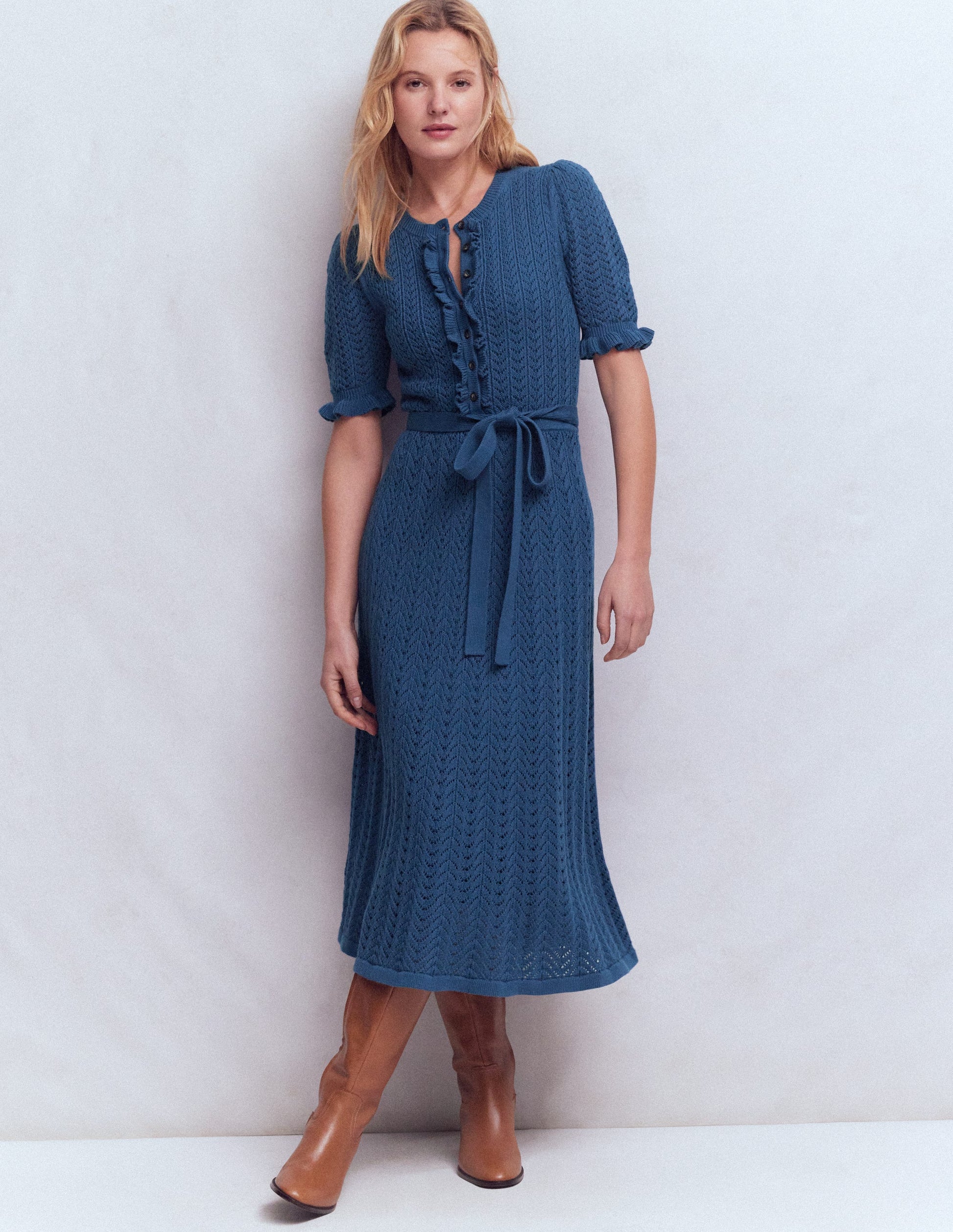 Henley Frill Knitted Dress-Denim Blue-5