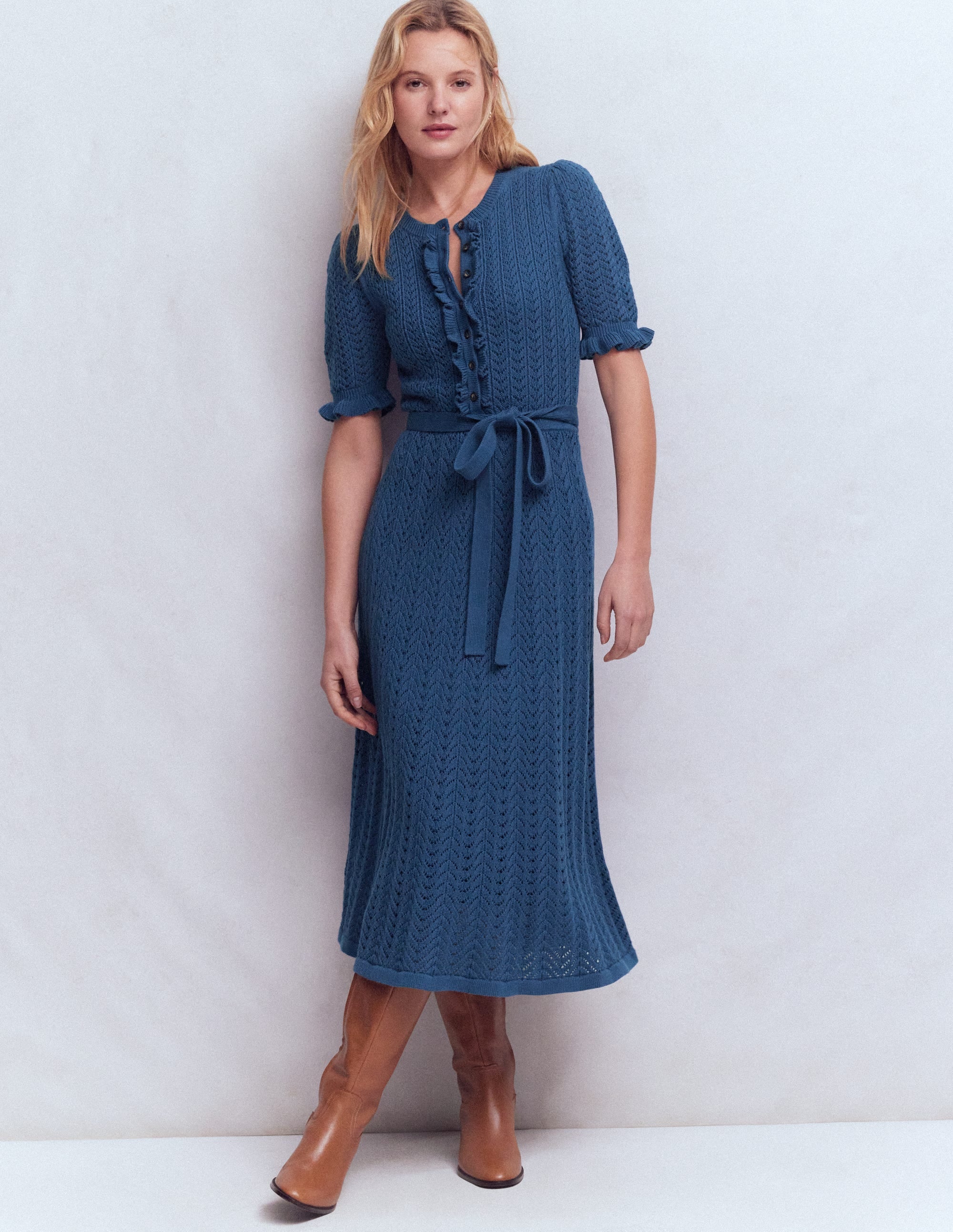 Henley Frill Knitted Dress-Denim Blue - Image 5