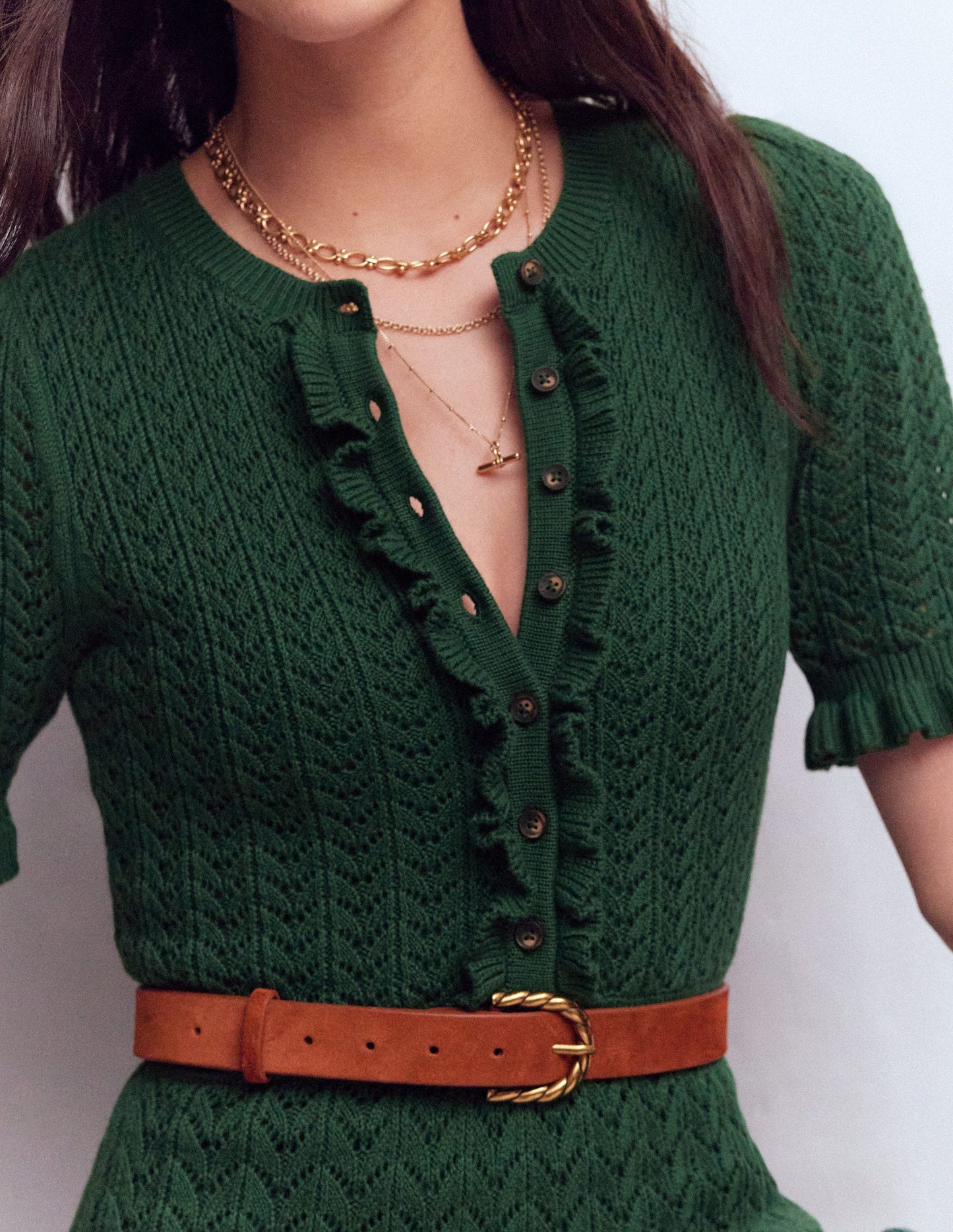 Henley Frill Knitted Dress-Hunter Green