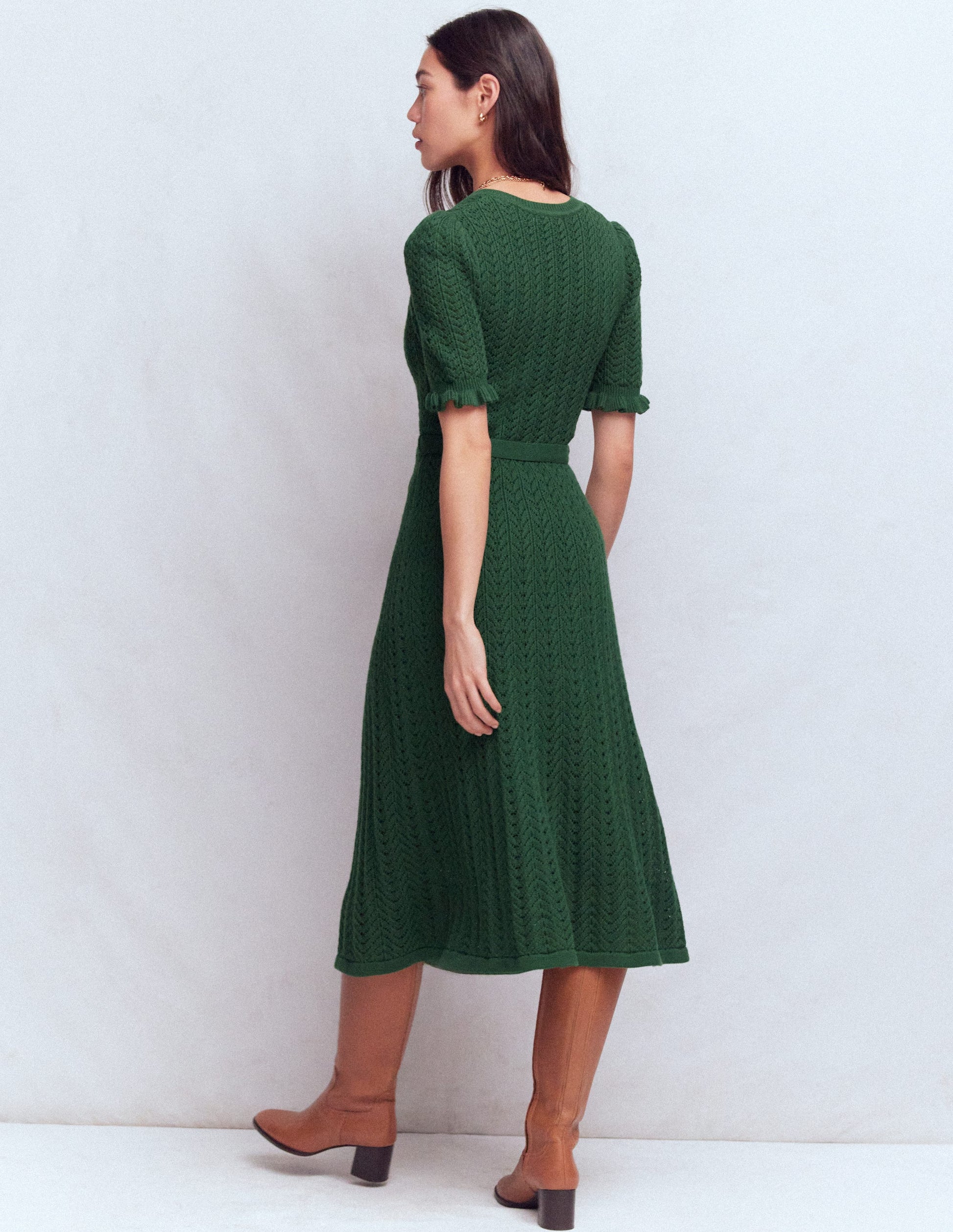 Henley Frill Knitted Dress-Hunter Green-3