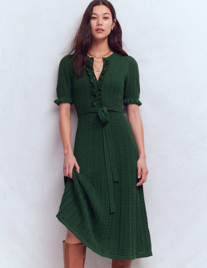Henley Frill Knitted Dress-Hunter Green