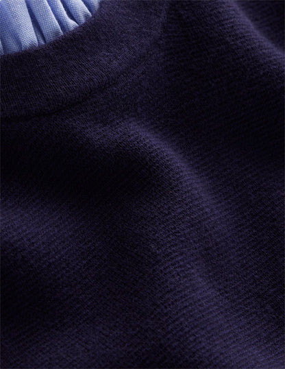 Woven Trim Knit Dress-Navy-7