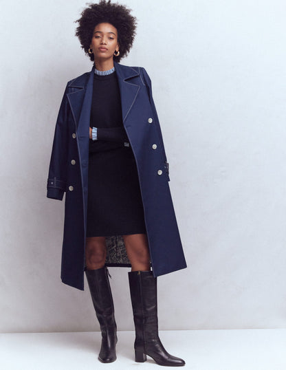 Woven Trim Knit Dress-Navy-2