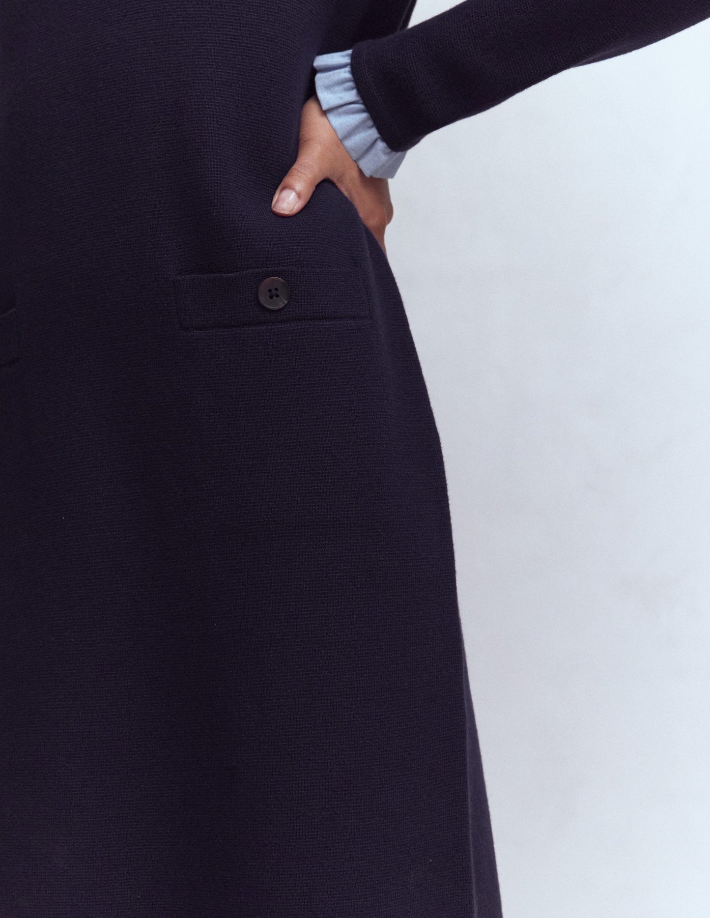 Woven Trim Knit Dress-Navy