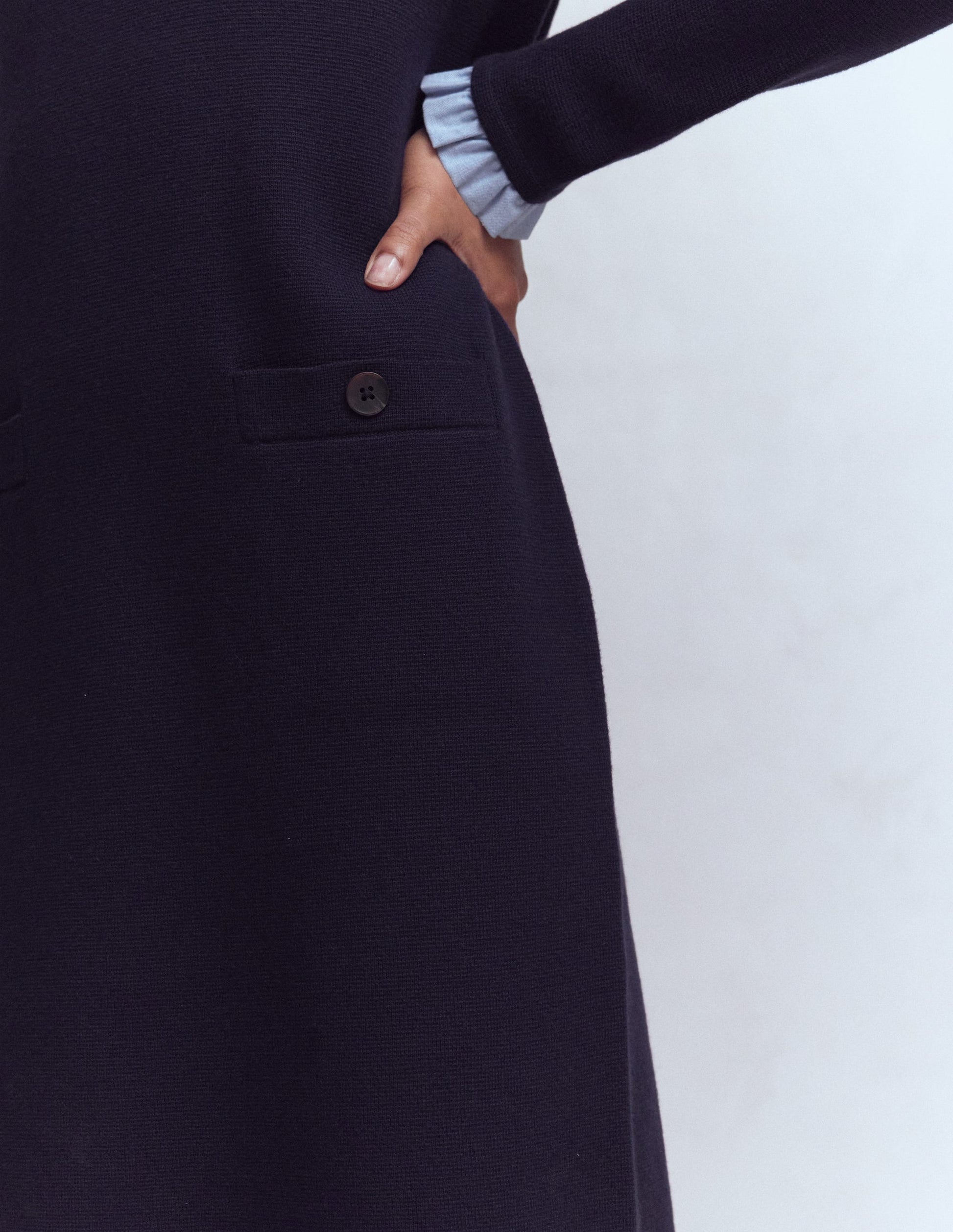 Woven Trim Knit Dress-Navy-3