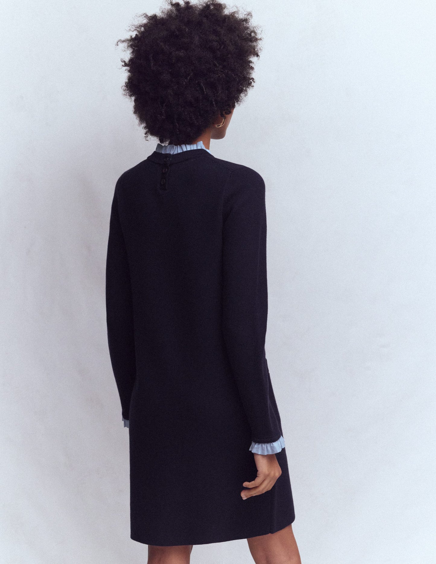 Woven Trim Knit Dress-Navy