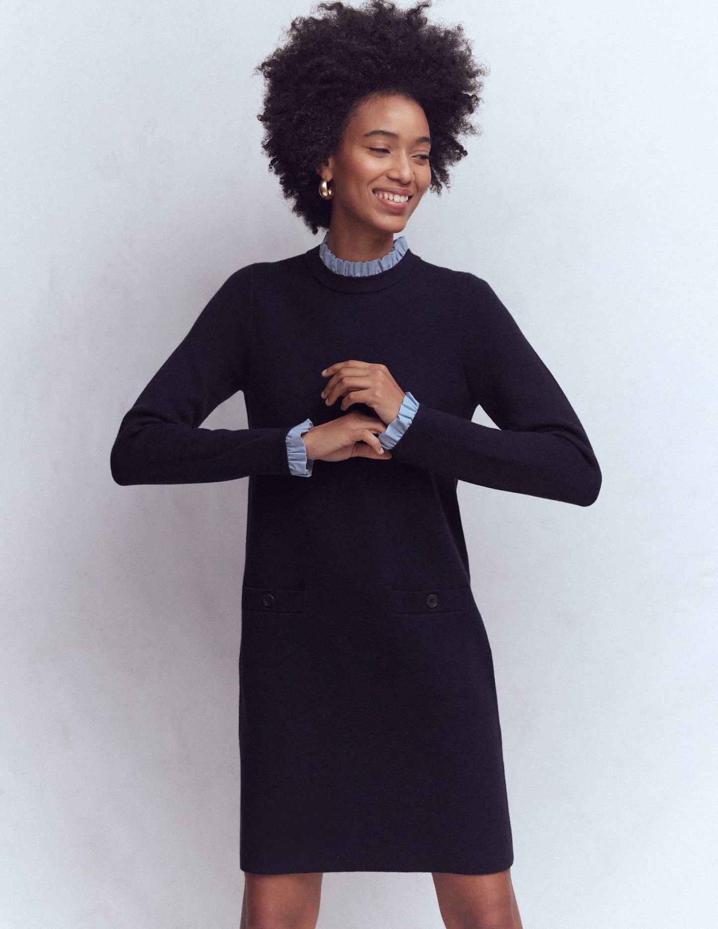 Woven Trim Knit Dress-Navy