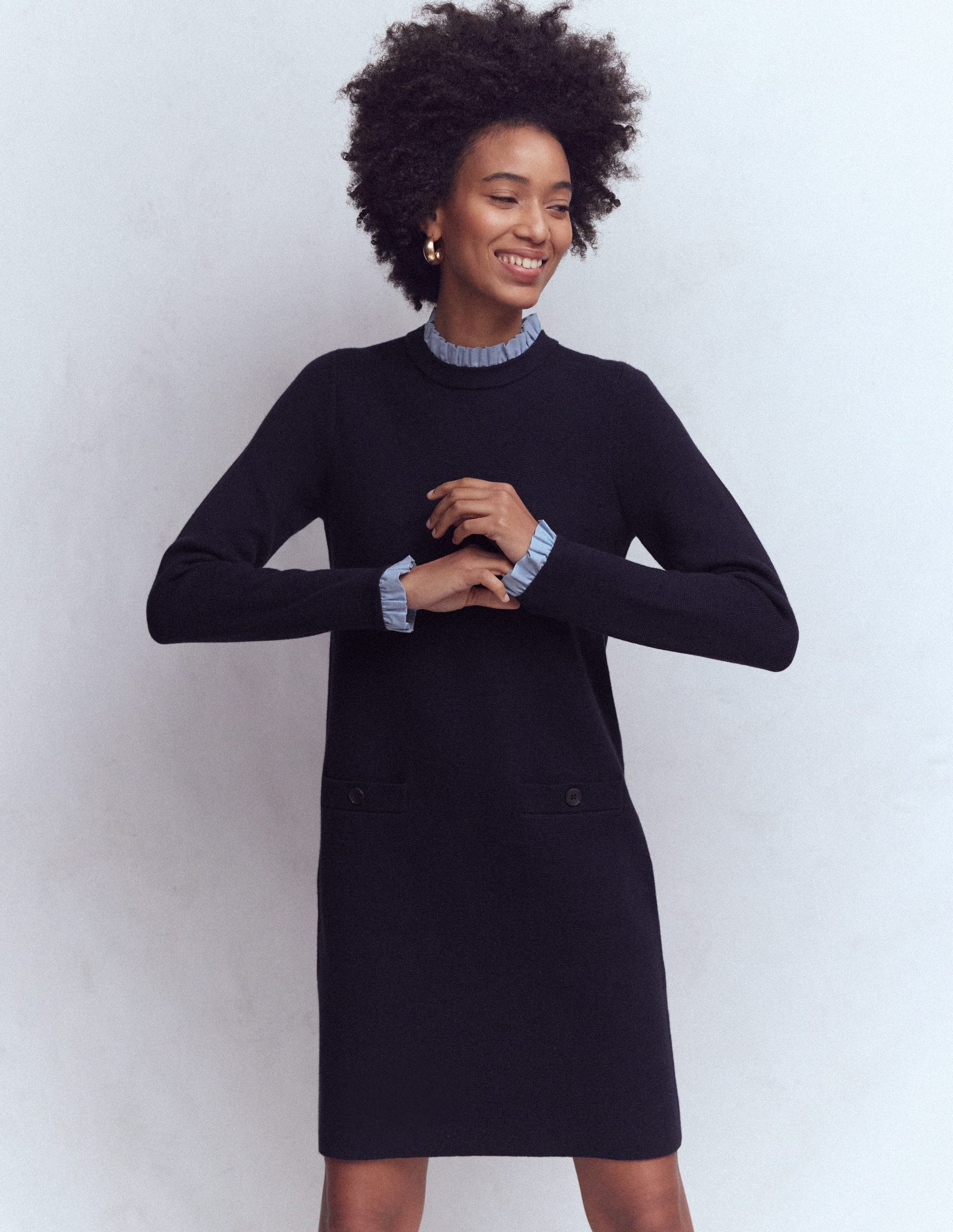 Woven Trim Knit Dress-Navy-5