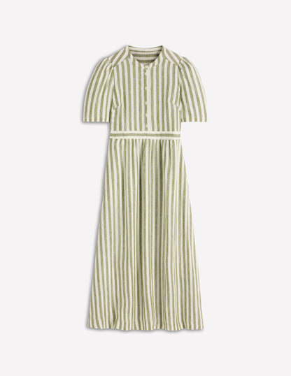 Ivy Linen Midi Dress-Olive, Ivory Stripe-6