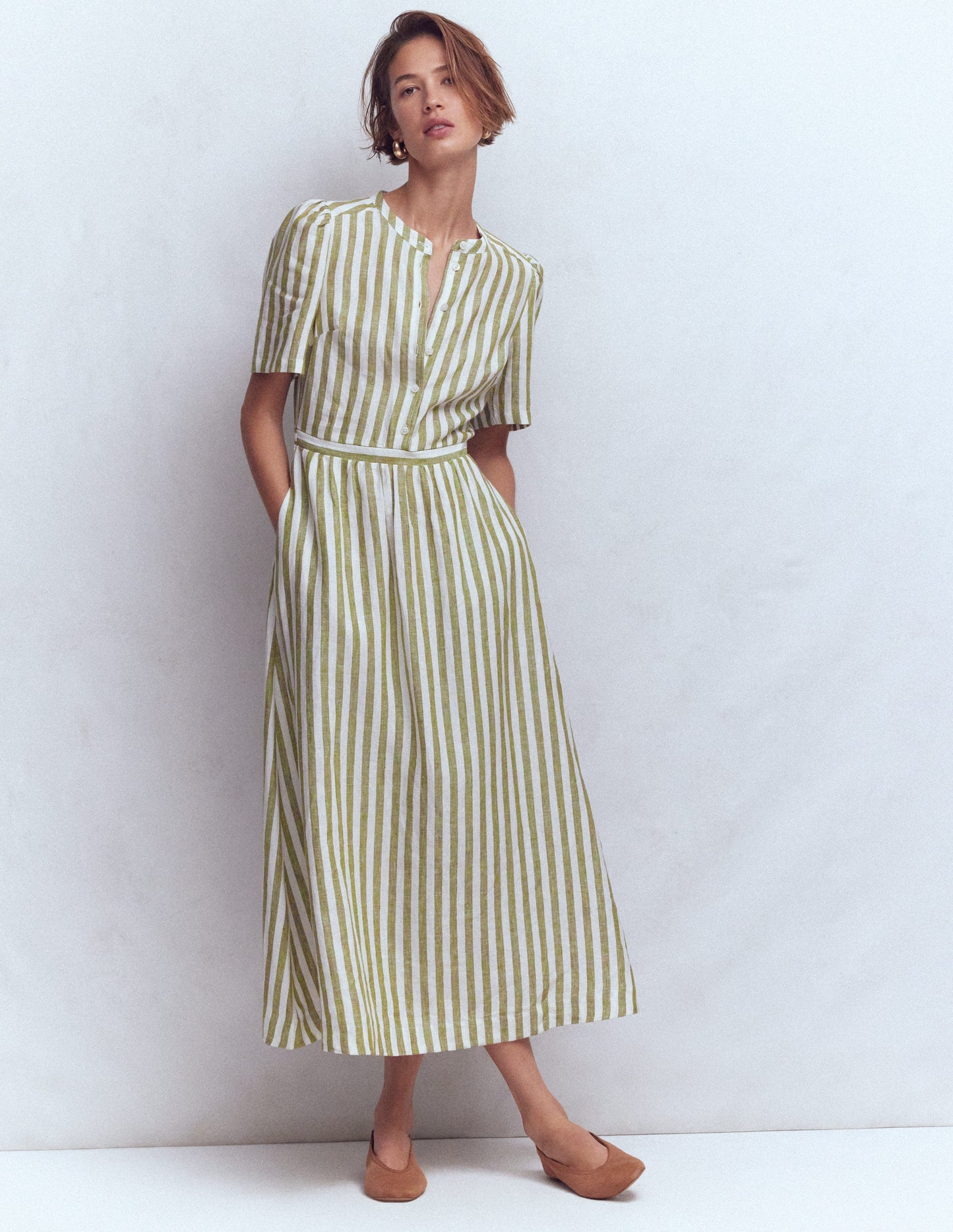 Ivy Linen Midi Dress-Olive, Ivory Stripe